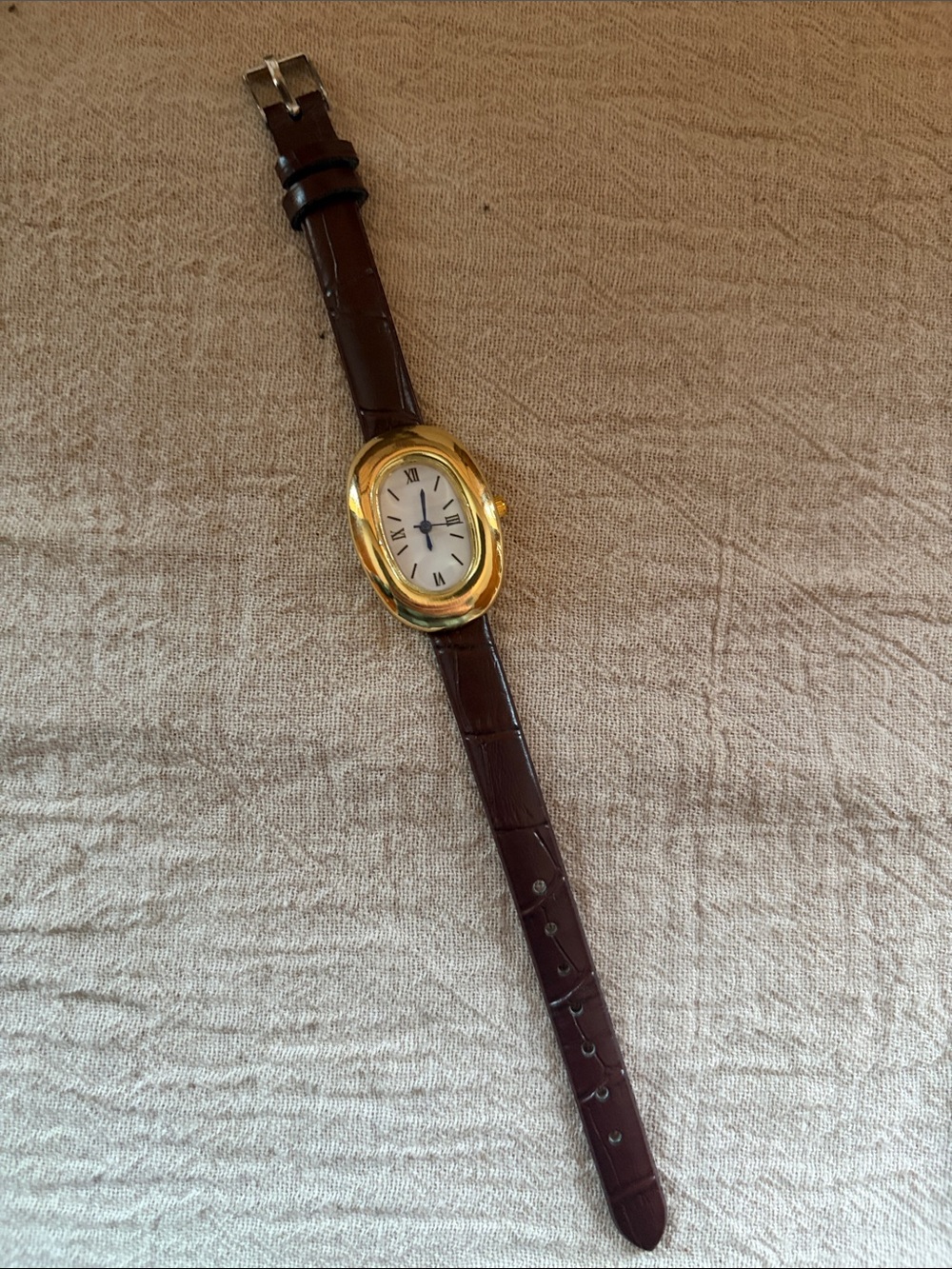 Gold-Tone Oval Watch with Brown Leather Strap - Unbranded